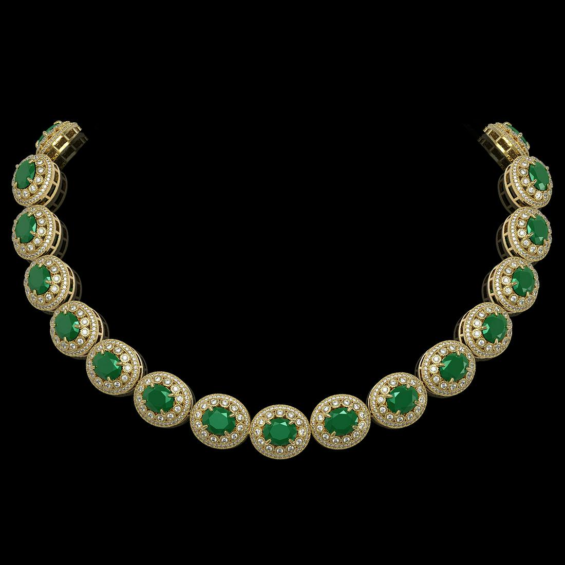111.75 ctw Emerald & Diamond Victorian Necklace 14K Yellow Gold: 111.75 ctw Emerald & Diamond Victorian Necklace 14K Yellow Gold Item: Emerald NecklaceTotal Gem weight: 111.75 carats Metal: Solid 14K Yellow Gold Gold Product Weight: Approx. 118.6 grams Jewelr