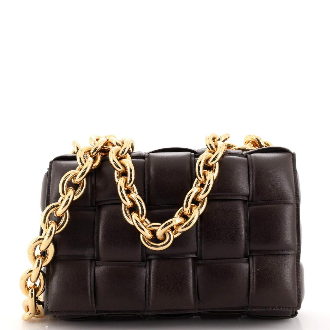 Bottega Veneta Cassette Chain Crossbody Bag Padded Maxi Intrecciato Leather: Bottega Veneta Cassette Chain Crossbody Bag Padded Maxi Intrecciato Leather Exterior Color: Brown Interior Color: Brown Exterior Material: Leather Interior Material: Leather Hardware Color: Gold A