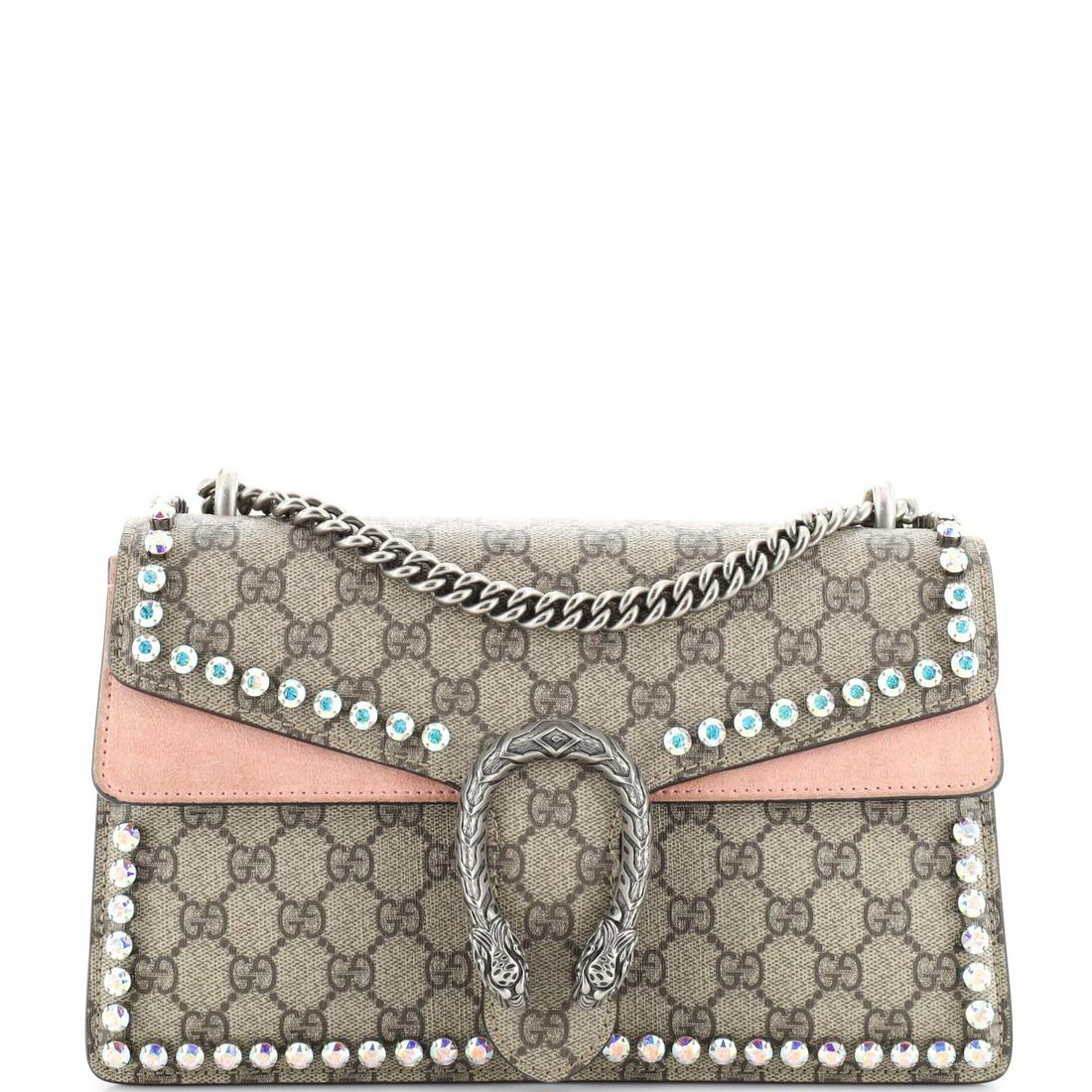 Gucci Dionysus Bag Crystal Embellished GG Coated Canvas Small: Gucci Dionysus Bag Crystal Embellished GG Coated Canvas Small Exterior Color: Brown, Pink Interior Color: Pink Exterior Material: Rhinestone, Canvas Coated, Suede Interior Material: Canvas Coated, Sue