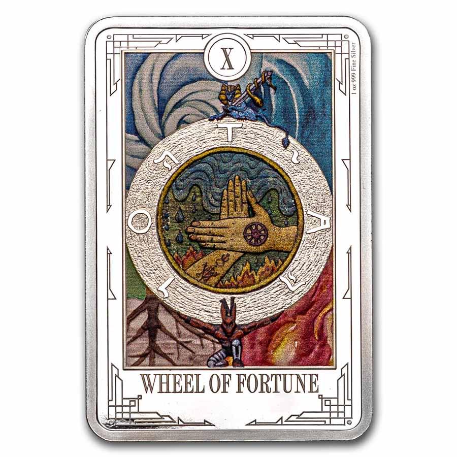 2023 1 oz Silver $2 Tarot Cards: Wheel of Fortune: 2023 1 oz Silver $2 Tarot Cards: Wheel of Fortune Product ID: 271707 Year: 2023 Grade: Proof Grade Service: None Denomination: 2 Dollars Mint Mark: Not Shown Metal Content: 1 troy oz