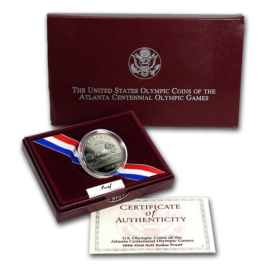 1996-S Olympics 1/2 Dollar Clad Commem Prf (Swimming, Box/COA): 1996-S Olympics 1/2 Dollar Clad Commem Prf (Swimming, Box/COA) SKU: 6958 Year: 1996 Grade: Proof Grade Service: None Denomination: 50 Cents Mint Mark: S - San Francisco Metal Content: 0 t