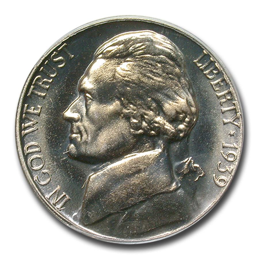 1939 Jefferson Nickel PR-66 PCGS (Reverse of 1938): 1939 Jefferson Nickel PR-66 PCGS (Reverse of 1938) RBJ no: 188882 Year: 1939 Grade Service: PCGS Denomination: 5 Cents Metal Content: 0 troy oz Purity: None Thickness: 1.95 mm Di