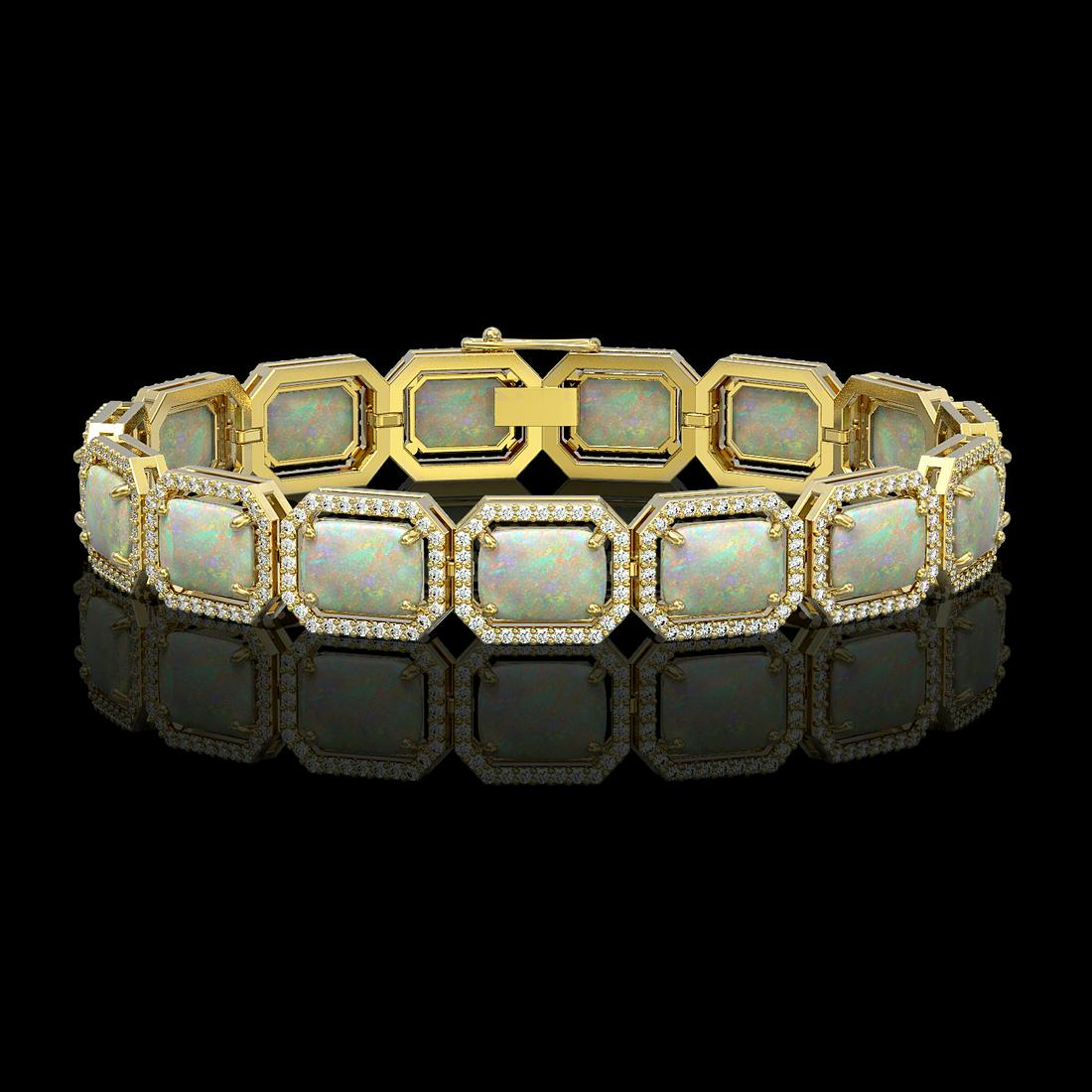 24.37 ctw Opal & Diamond Micro Pave Halo Bracelet 10k Yellow Gold: 24.37 ctw Opal & Diamond Micro Pave Halo Bracelet 10k Yellow Gold Item: Opal Bracelet Total Gem weight: 24.37 carats Metal: Solid 10k Yellow Gold Gold Product Weight: Approx. 20.1 grams Jewelry N