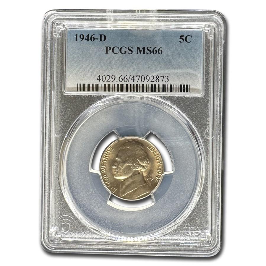 1946-D Jefferson Nickel MS-66 PCGS: 1946-D Jefferson Nickel MS-66 PCGS RBJ no: 233817 Year: 1946 Grade Service: PCGS Denomination: 5 Cents Metal Content: 0 troy oz Purity: N/A Diameter: 21.2 mm