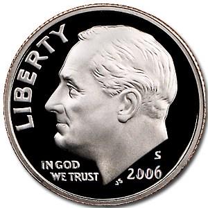 2006-S Roosevelt Dime Gem Proof: 2006-S Roosevelt Dime Gem Proof SKU: 17273 Year: 2006 Grade: Gem Proof Grade Service: None Denomination: 10 Cents Mint Mark: S - San Francisco Metal Content: 0 troy oz Purity: N/