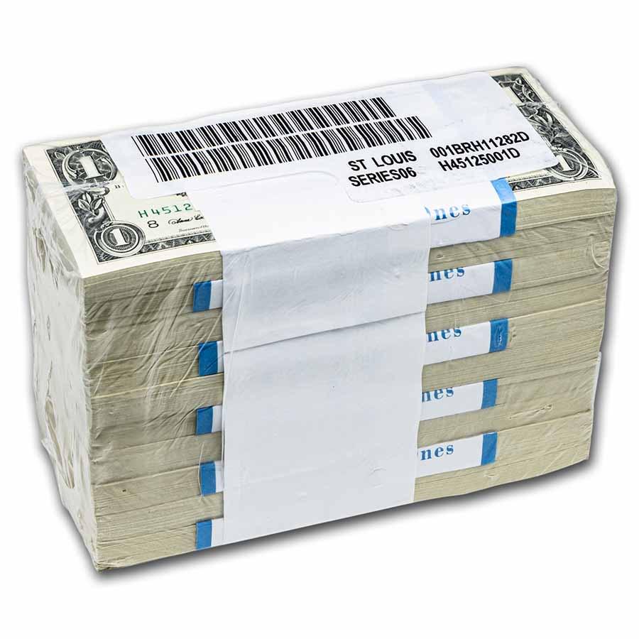 2006 (H-St Louis) $1.00 FRN CU (Fr#1933-H) 1,000 ct Brick: 2006 (H-St Louis) $1.00 FRN CU (Fr#1933-H) 1,000 ct Brick Product ID: 263389 Year: 2006 Grade: (U) Crisp Unc Grade Service: None Denomination: 1 Dollar Mint Mark: H - St. Louis Metal Cont