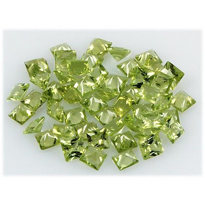 Peridot 15.36 ctw Loose Gemstone 4x4mm Princess Cut: Peridot 15.36 ctw Loose Gemstone 4x4mm Princess Cut **|**|** Natural Princess Cut Peridot Loose Gemstone 4x4 MM in size lot of 46 ; MSRP: $600
