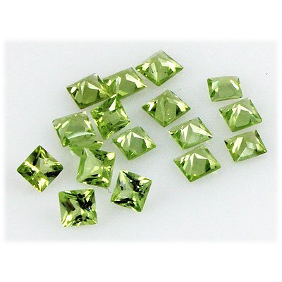 Peridot 5.67 ctw Loose Gemstone 4x4mm Princess Cut: Peridot 5.67 ctw Loose Gemstone 4x4mm Princess Cut **|**|** Natural Princess Cut Peridot Loose Gemstone 4x4 MM in size lot of 17 ; MSRP: $300