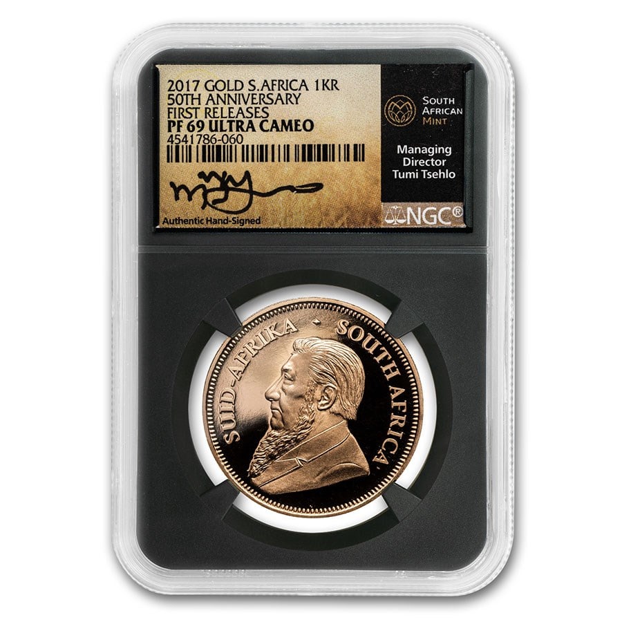 2017 South Africa 1 oz Proof Gold Krugerrand PF-69 NGC (FR): 2017 South Africa 1 oz Proof Gold Krugerrand PF-69 NGC (FR) Product ID: 209879 Year: 2017 Grade Service: NGC Metal Content: 1 troy oz Purity: .9167 Thickness: 2.84 mm Diameter: 32.8 mm