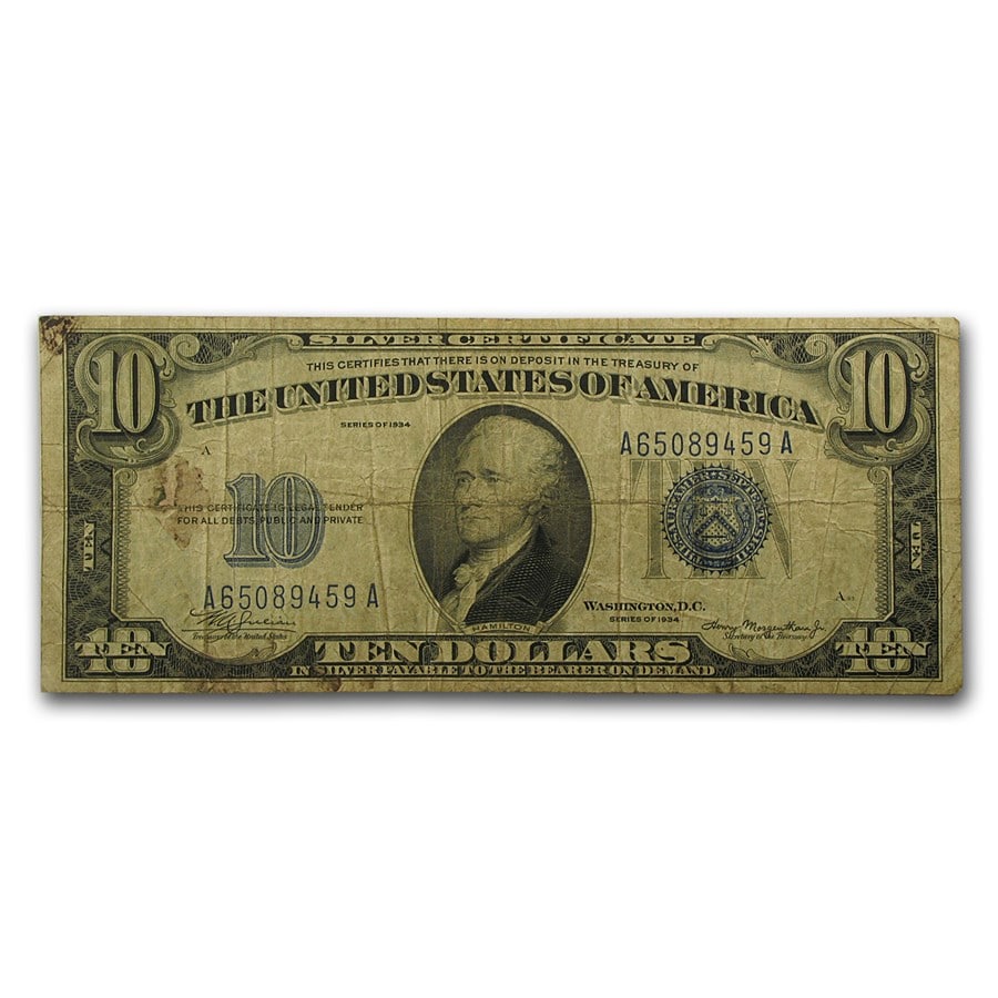1934-1934-D $10 Silver Certificate VG: 1934-1934-D $10 Silver Certificate VG Product ID: 17604 Year: 1934 Grade: Very Good Grade Service: None Denomination: $10 Mint Mark: N/A - Not Available Metal Content: 0 troy oz