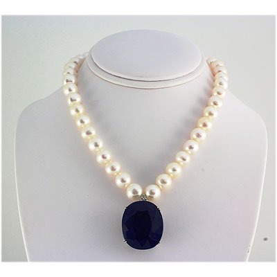 Pearl & Sapphire 87.56ctw Diamond Necklace 14kt W/G: Pearl & Sapphire 87.56ctw Diamond Necklace 14kt W/G **|**|** Mainstone: Sapphire ; Total CTW: 87.56 ; Gem QTY: 1 ; Gem CTW: 87.35 ; Gemstone 2: White Fresh Water Pearl - 39 pcs ; Gemstone CTW 2: ; Dia