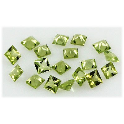 Peridot 5.80 ctw Loose Gemstone 4x4mm Princess Cut: Peridot 5.80 ctw Loose Gemstone 4x4mm Princess Cut **|**|** Natural Princess Cut Peridot Loose Gemstone 4x4 MM in size lot of 18 ; MSRP: $300