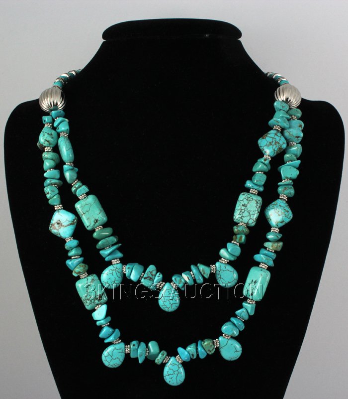 Natural 615.00ctw Turquoise Sterling Silver Necklace: Natural 615.00ctw Turquoise Sterling Silver Necklace **|**|** 22" Elegant Southwestern Style Turquoise Necklace with 2 Rows Design, 2 Silver Balls and Silver Bead Spacers and lobster lock. ; MSRP: $30