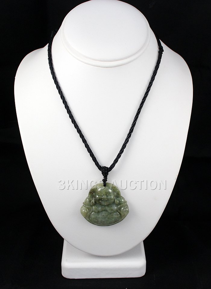 181.87ctw Buddhist Charm Jade Pendant Necklace: 181.87ctw Buddhist Charm Jade Pendant Necklace **|**|** Tibetan buddhist Amulet Natural Pea Green Jadeite Jade carved Laughing Buddha charm Necklace size: 48x47x8mm; w/ adjustable necklace cord ; MSRP
