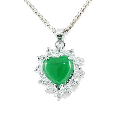 Natural Heart Jade Set Sterling Silver Zircon Diamonds: Natural Heart Jade Set in Sterling Silver filled with Cubic Zircon Diamonds, 3.50g **|**|** ; MSRP: $200