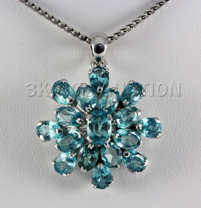 30.35CTW Flower Blue Zircon Cluster Silver Pendant: 30.35CTW Flower Blue Zircon Cluster Silver Pendant **|**|** Beautiful Sky Blue Zircon Gemstone in Flower Design Silver Pendant; Size: small 6x4mm*center 7x5mm; ctw: 13.45; stone count: 17; gram weight