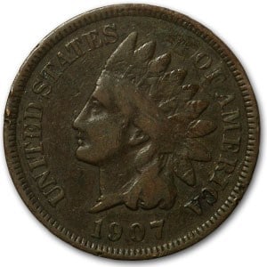 1907 Indian Head Cent Good+: 1907 Indian Head Cent Good+ Product ID: 9909 Year: 1907 Grade: Good Grade Service: None Denomination: 1 Cent Mint Mark: P - Philadelphia (Not Shown) Metal Content: 0 troy oz Puri