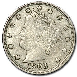 1903 Liberty Head V Nickel XF: 1903 Liberty Head V Nickel XF Product ID: 16459 Year: 1903 Grade: Extra Fine Grade Service: None Denomination: 5 Cents Mint Mark: P - Philadelphia (Not Shown) Metal Content: 0 troy oz