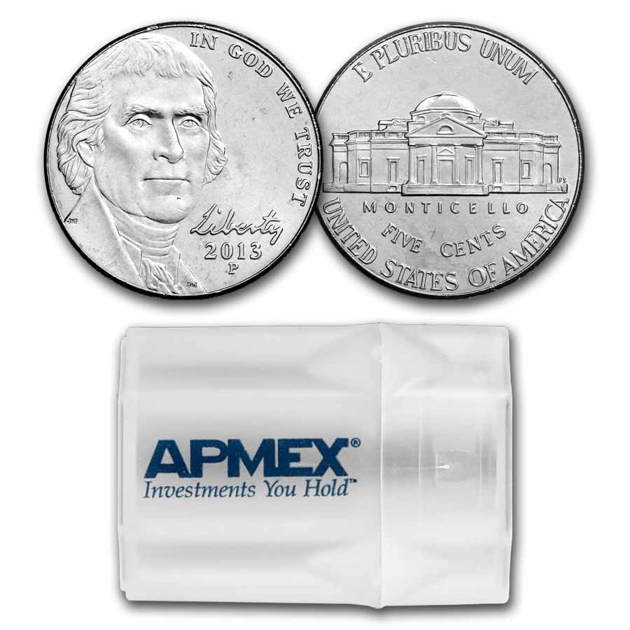 2013-P Jefferson Nickel 40-Coin Roll BU: 2013-P Jefferson Nickel 40-Coin Roll BU Product ID: 257016 Year: 2013 Grade: Brilliant Unc Grade Service: None Denomination: 5 Cents Mint Mark: P - Philadelphia Metal Content: 0 troy oz <