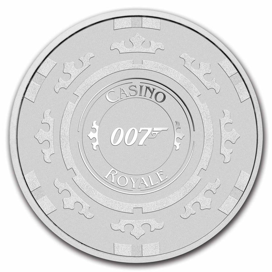 2023 Tuvalu 1 oz Silver James Bond Casino Royale Chip $1 Coin BU: 2023 Tuvalu 1 oz Silver James Bond Casino Royale Chip $1 Coin BU Product ID: 283432 Year: 2023 Grade: Brilliant Unc Grade Service: None Denomination: 1 Dollar Mint Mark: Perth Mint (Not Shown)