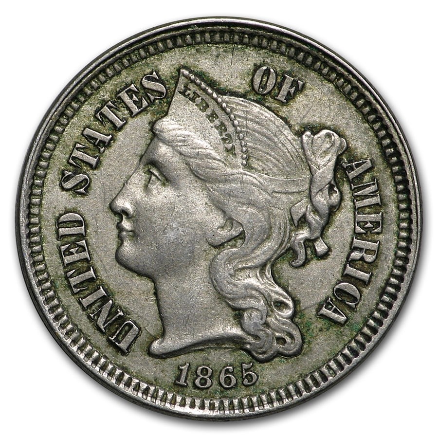 1865 3 Cent Nickel XF: 1865 3 Cent Nickel XF Product ID: 16419 Year: 1865 Grade: Extra Fine Grade Service: None Denomination: 3 Cents Mint Mark: P - Philadelphia (Not Shown) Metal Content: 0 troy oz Pu