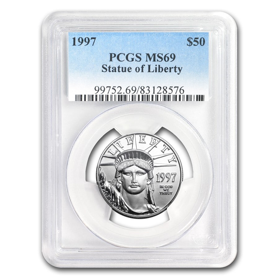 1997 1/2 oz American Platinum Eagle MS-69 PCGS: 1997 1/2 oz American Platinum Eagle MS-69 PCGS Product ID: 7461 Year: 1997 Grade Service: PCGS Denomination: $50 Metal Content: 0.5 troy oz Purity: .9995 Thickness: 1.75 mm Diame