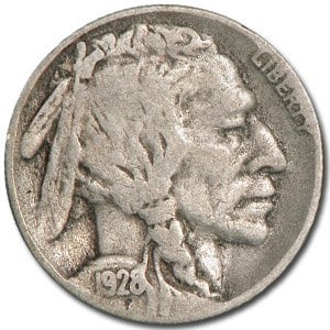 1928-S Buffalo Nickel Good+: 1928-S Buffalo Nickel Good+ Product ID: 7963 Year: 1928 Grade: Good Grade Service: None Denomination: $0.05 Mint Mark: S - San Francisco Metal Content: 0 troy oz Purity: N/A