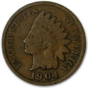 1904 Indian Head Cent Good+: 1904 Indian Head Cent Good+ Product ID: 8261 Year: 1904 Grade: Good Grade Service: None Denomination: 1 Cent Mint Mark: P - Philadelphia (Not Shown) Metal Content: 0 troy oz Puri