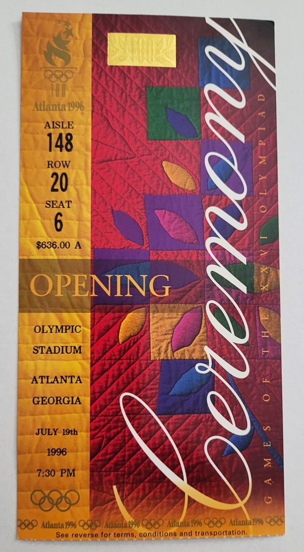 1996 Atlanta Summer Olympics Opening Ceremony Ticket Stub Friday, July 19th, 1996 Centennial Olympic: 1996 Atlanta Summer Olympics Opening Ceremony Ticket Stub Friday, July 19th, 1996 Centennial Olympic Stadium This is a 1996 Atlanta Summer Olympics Opening Ceremony Ticket Stub Friday, July 19th, 1996
