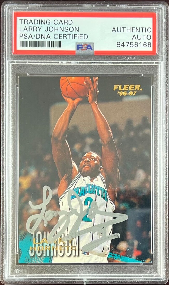 Larry Johnson auto signed 1996 Fleer #11 card Charlotte Hornets PSA Encapsulated: Larry Johnson auto signed 1996 Fleer #11 card Charlotte Hornets PSA Encapsulated Larry Johnson auto signed 1996 Fleer #11 card Charlotte Hornets PSA Encapsulated SKU: RBJ7368950055000