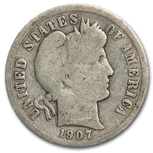 1907-D Barber Dime Good/VG: 1907-D Barber Dime Good/VG Product ID: 5761 Year: 1907 Grade: Good/Very Good Grade Service: None Denomination: $0.10 Mint Mark: D - Denver Metal Content: 0.0715 troy oz Purity: .