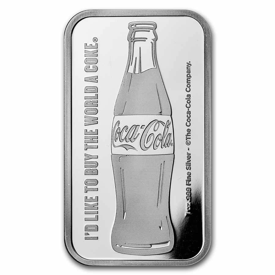 Coca-Cola 1 oz Silver Struck Bar: Coca-Cola 1 oz Silver Struck Bar Product ID: 272450 Grade: None Grade Service: None Mint Mark: N/A - Not Available Metal Content: 1 troy oz Purity: .999 Thickness: 3.1 mm Diamete