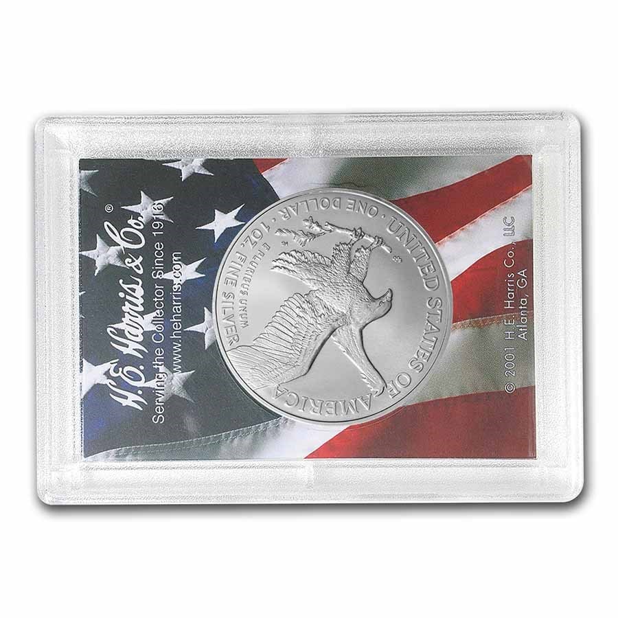 2023 1 oz Silver Eagle - w/Harris Holder, American Flag Design: 2023 1 oz Silver Eagle - w/Harris Holder, American Flag Design Product ID: 272132 Year: 2023 Grade: Brilliant Unc Grade Service: Other Denomination: 1 Dollar Mint Mark: W - West Point (Not Shown)