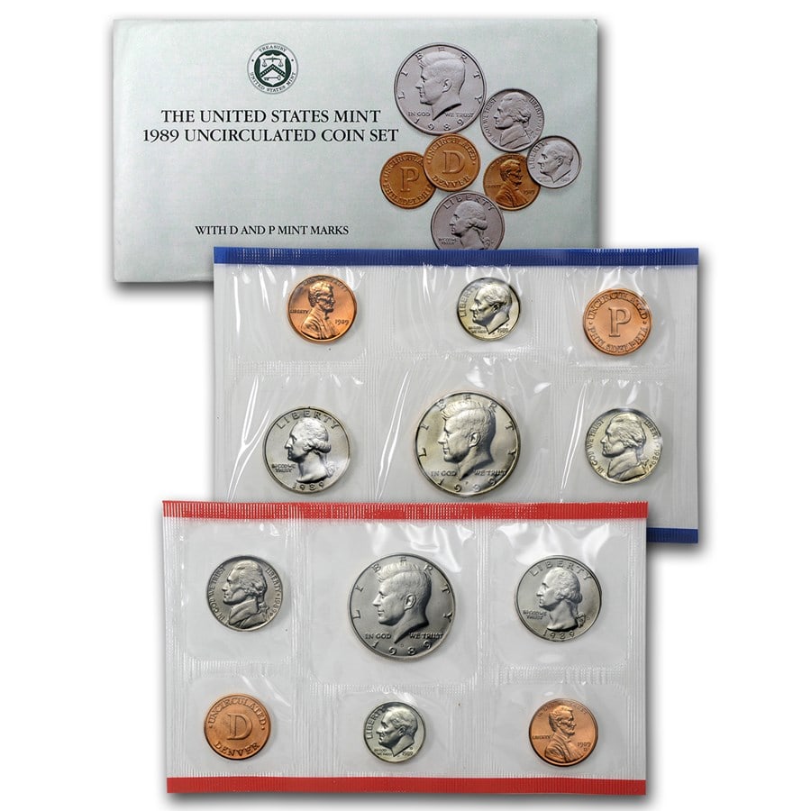 1989 U.S. Mint Set: 1989 U.S. Mint Set Product ID: 1256 Year: 1989 Grade: Brilliant Unc Grade Service: None Denomination: Varies Mint Mark: Varies Metal Content: 0 troy oz Purity: Other Thi