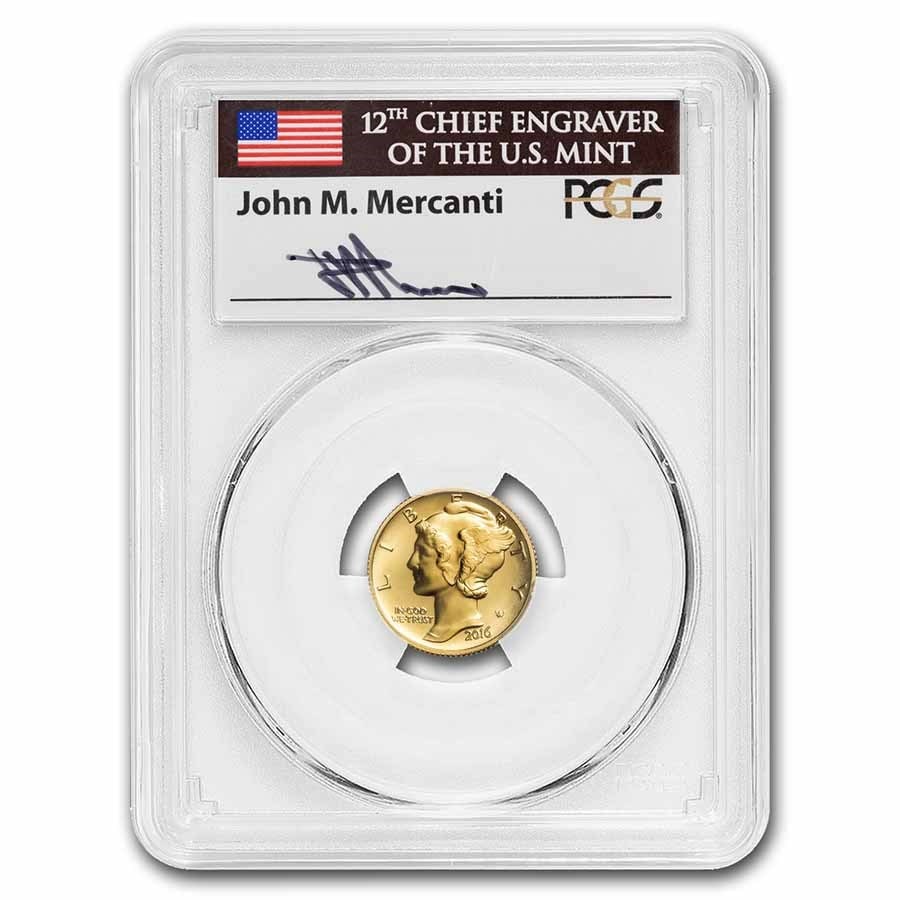 2016-W 1/10 oz Gold Mercury Dime SP-70 PCGS (FDI): 2016-W 1/10 oz Gold Mercury Dime SP-70 PCGS (FDI) Product ID: 243744 Year: 2016 Grade: SP - 70 Grade Service: PCGS Denomination: 10 Cents Mint Mark: W - West Point Metal Content: 0.1 troy