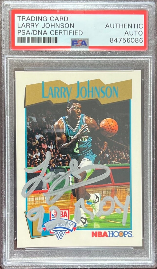Larry Johnson auto inscribed 1991 NBA Hoops RC #546 Charlotte Hornets PSA Encap: Larry Johnson auto inscribed 1991 NBA Hoops RC #546 Charlotte Hornets PSA Encap Larry Johnson auto inscribed 1991 NBA Hoops RC #546 Charlotte Hornets PSA Encap SKU: RBJ7369521332312