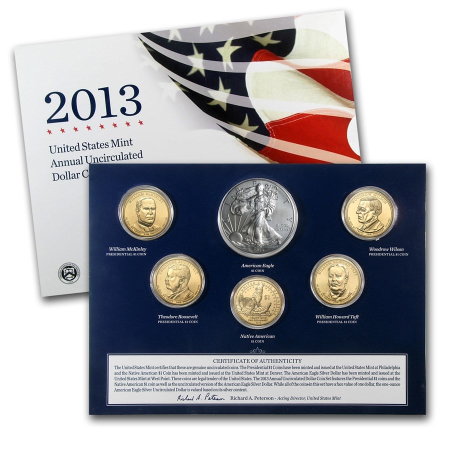 2013-W 6-Coin U.S. Mint Annual Uncirculated Dollar Set: 2013-W 6-Coin U.S. Mint Annual Uncirculated Dollar Set Product ID: 80258 Year: 2013 Grade: Brilliant Unc Grade Service: None Denomination: $1.00 Mint Mark: W - West Point Metal Content: 1