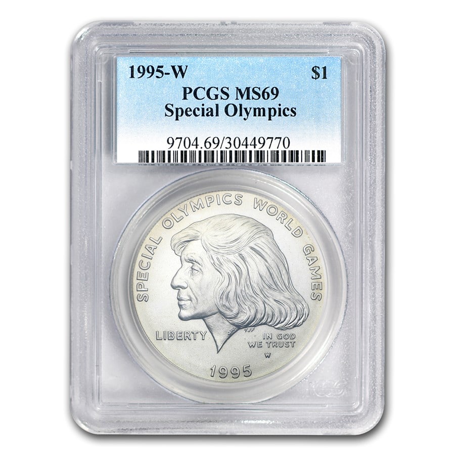 1995-W Special Olympics $1 Silver Commem MS-69 PCGS: 1995-W Special Olympics $1 Silver Commem MS-69 PCGS Product ID: 22133 Year: 1995 Grade: MS-69 Grade Service: PCGS Denomination: 1 Dollar Mint Mark: W - West Point Metal Content: 0.7734 tr