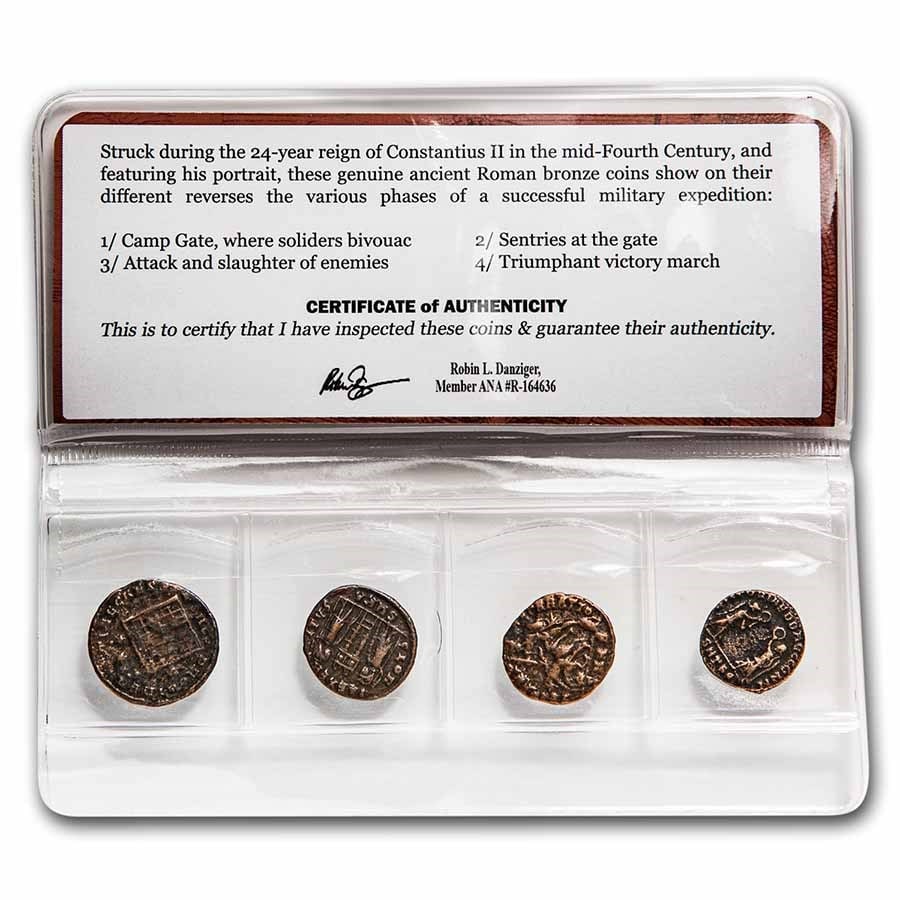 Rome at War: 4 Coin Collection Constantius II (337-361 AD): Rome at War: 4 Coin Collection Constantius II (337-361 AD) Product ID: 234791 Year: 337-361 AD Grade: Genuine Grade Service: None Denomination: Varies Mint Mark: Not Shown Metal Content: