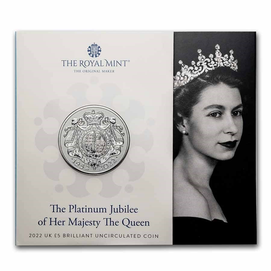 2022 GB 5 Queen's Platinum Jubilee Brilliant Uncirculated: 2022 GB 5 Queen's Platinum Jubilee Brilliant Uncirculated Product ID: 244718 Year: 2022 Grade: Brilliant Unc Grade Service: None Denomination: 5 Pounds Mint Mark: Not Shown Metal Content: