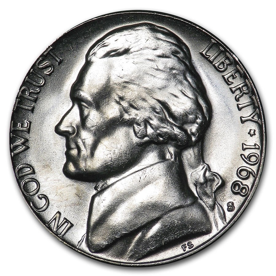 1968-S Jefferson Nickel BU: 1968-S Jefferson Nickel BU Product ID: 6602 Year: 1968 Grade: Brilliant Unc Grade Service: None Denomination: 5 Cents Mint Mark: S - San Francisco Metal Content: 0 troy oz Purity
