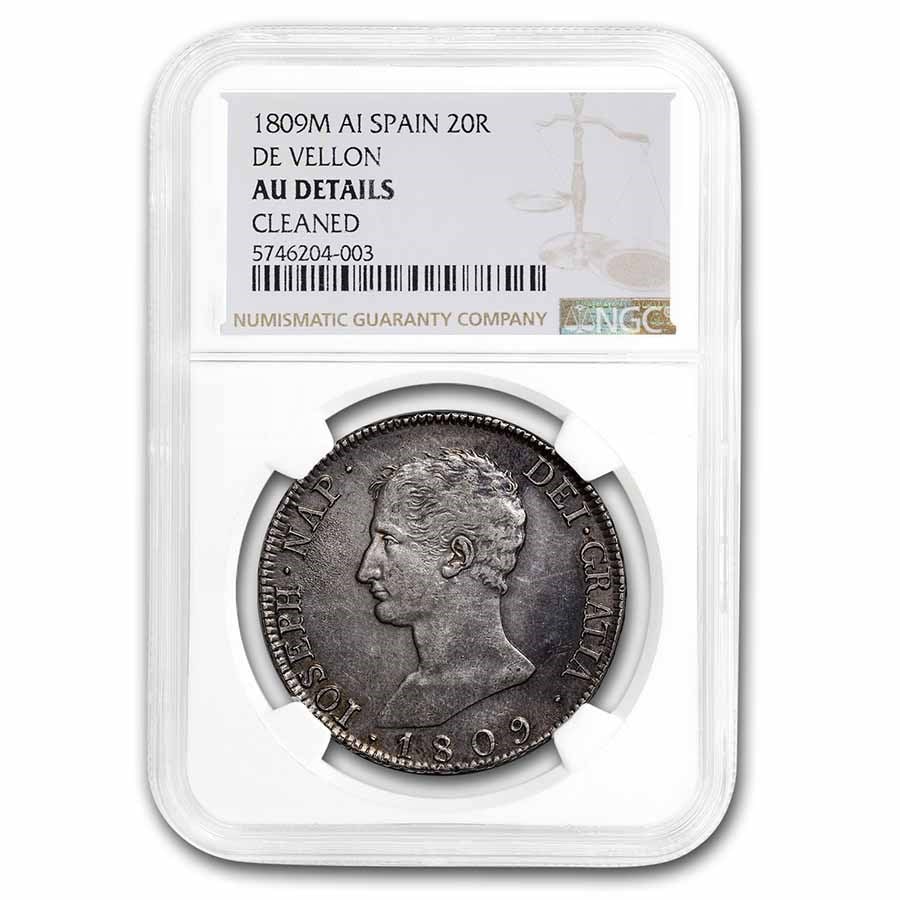 1809-M Spain Silver 20 Reales Joseph Napoleon AU-Details NGC: 1809-M Spain Silver 20 Reales Joseph Napoleon AU-Details NGC Product Id: 271599 Year: 1809 Grade Service: NGC Denomination: 20 Reales Metal Content: 0.762 troy oz Purity: .903 Thickness: