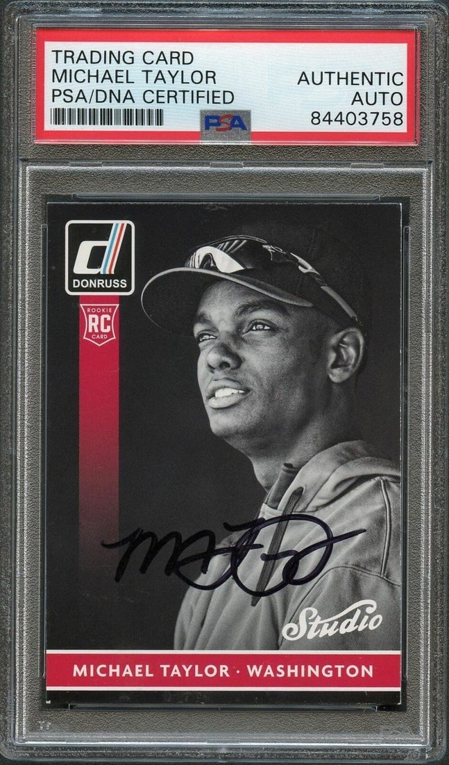 2015 Donruss Studio #9 Michael Taylor Signed Rookie Card PSA Slabbed Auto RC Nat: 2015 Donruss Studio #9 Michael Taylor Signed Rookie Card PSA Slabbed Auto RC Nat 2015 Donruss Studio #9 Michael Taylor Signed Rookie Card PSA Slabbed Auto RC Nat SKU no: RBJ7256756322392