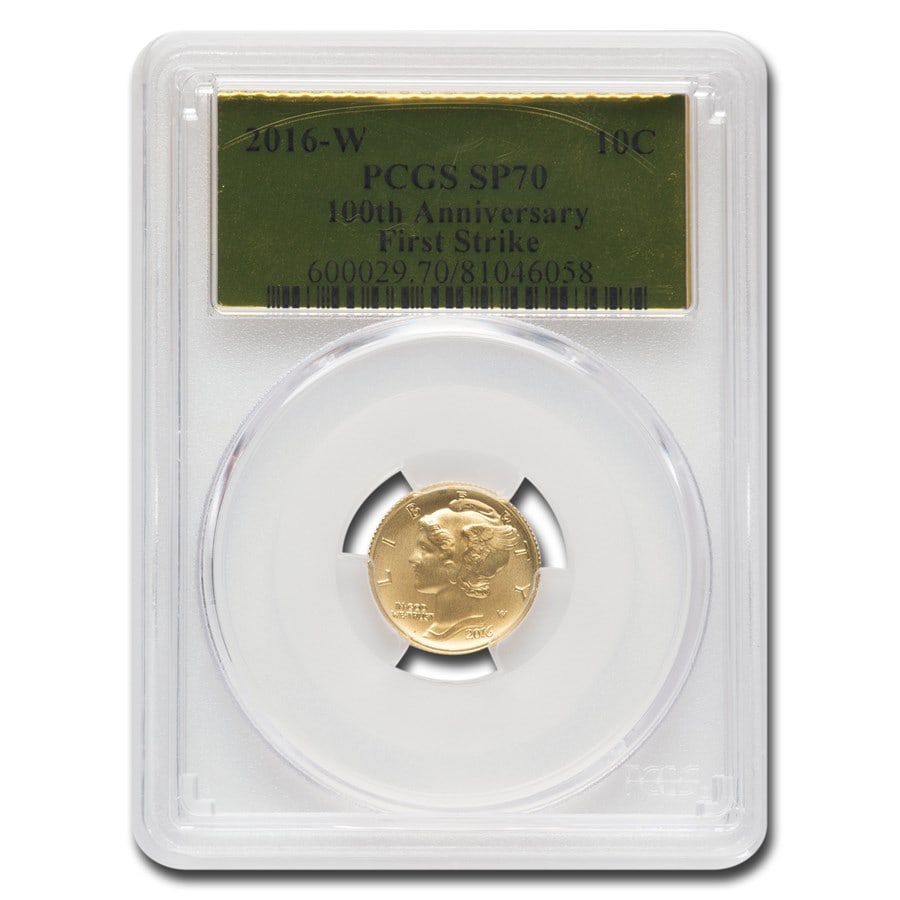 2016-W 1/10 oz Gold Mercury Dime SP-70 PCGS (FS, Gold Foil): 2016-W 1/10 oz Gold Mercury Dime SP-70 PCGS (FS, Gold Foil) Product ID: 271428 Year: 2016 Grade Service: PCGS Denomination: 10 Cents Metal Content: 0.1 troy oz Purity: .9999 Thickness: 1.