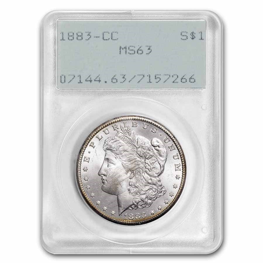 1883-CC Morgan Dollar MS-63 PCGS (Old Rattler Holder): 1883-CC Morgan Dollar MS-63 PCGS (Old Rattler Holder) Product Id: 60117 Year: 1883 Grade: MS-63 Grade Service: PCGS Denomination: $1.00 Mint Mark: CC - Carson City Metal Content: 0.7734 t