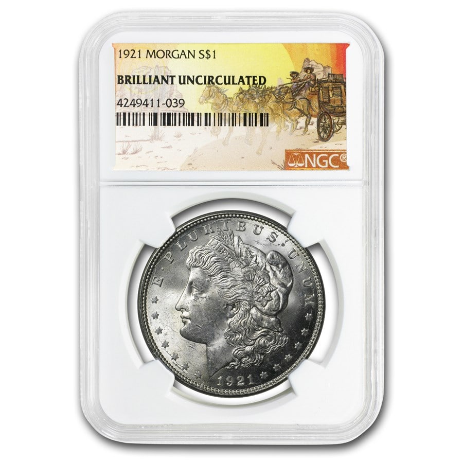 1921 Stage Coach Morgan Dollar BU NGC: 1921 Stage Coach Morgan Dollar BU NGC Product ID: 153574 Year: 1921 Grade: Brilliant Unc Grade Service: NGC Denomination: 1 Dollar Mint Mark: P - Philadelphia (Not Shown) Metal Content: 0