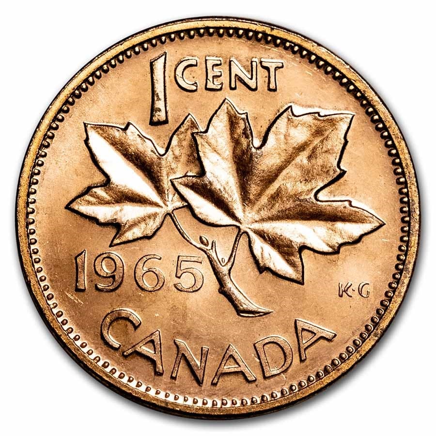 1965 Canada Copper Cent BU/Prooflike: 1965 Canada Copper Cent BU/Prooflike Product ID: 216283 Year: 1965 Grade: BU &/or Proof Grade Service: None Denomination: $0.01 Mint Mark: RCM (Not Shown) Metal Content: 0 AVDP oz