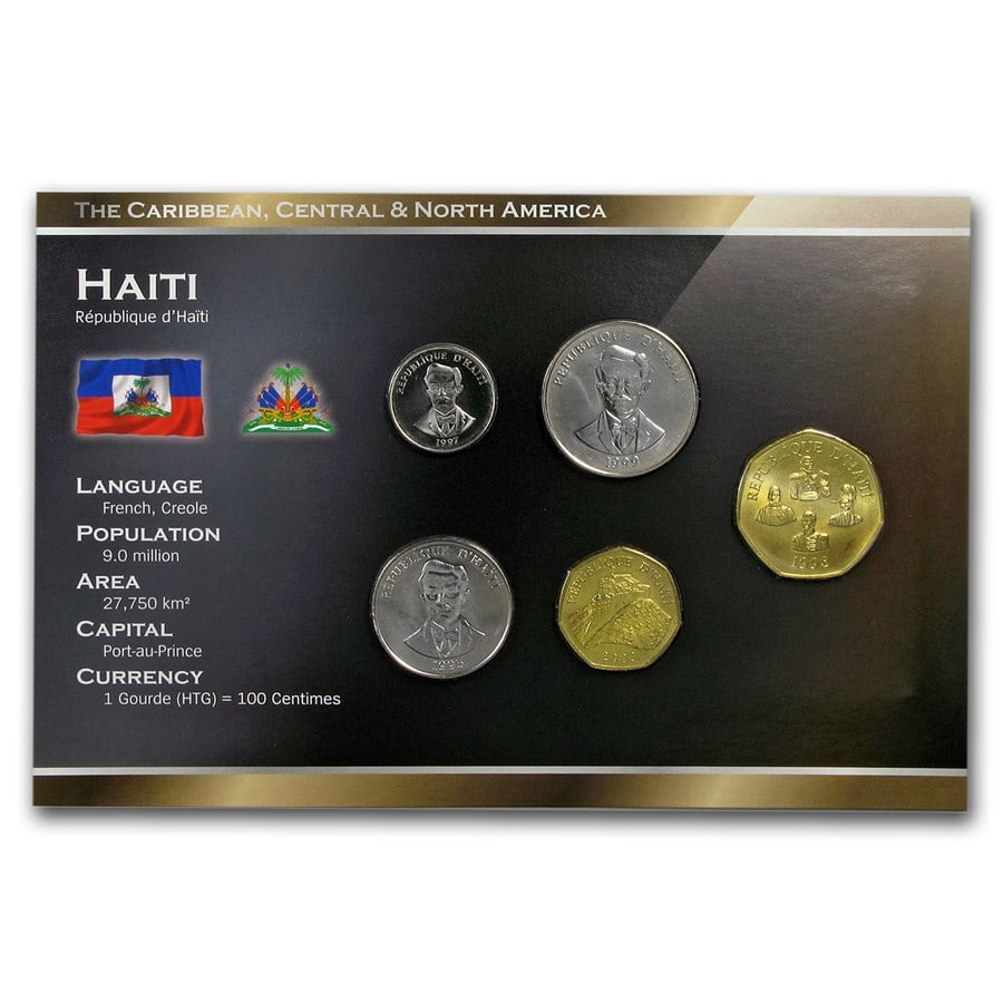 Haiti 5 Cents - 5 Gourdes 5-Coin Set BU: Haiti 5 Cents - 5 Gourdes 5-Coin Set BU Product ID: 179912 Year: Varies Grade: Brilliant Unc Grade Service: None Denomination: 5 Cents - 5 Gourdes Mint Mark: Not Shown Metal Content: 0 tr
