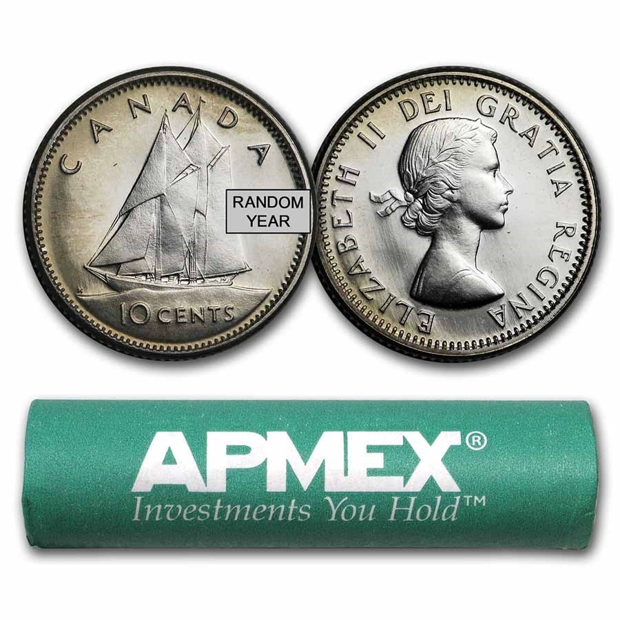 Canada 80% Silver Coins - $5 Face Value Roll - Dimes: Canada 80% Silver Coins - $5 Face Value Roll - Dimes Product ID: 241064 Year: Random Grade: Average Circulated Grade Service: None Denomination: 5 Dollars Mint Mark: Not Shown Metal Conte