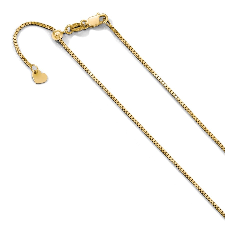 10K Yellow Gold .9 mm Adjustable Box Chain - 22 in.: 10K Yellow Gold .9 mm Adjustable Box Chain - 22 in. Product Id: 220748 Metal: Gold Purity: 10K Finish: Polished Length Of Item: 22 in Chain Type: Box Chain Length: 22 in Chain Wi